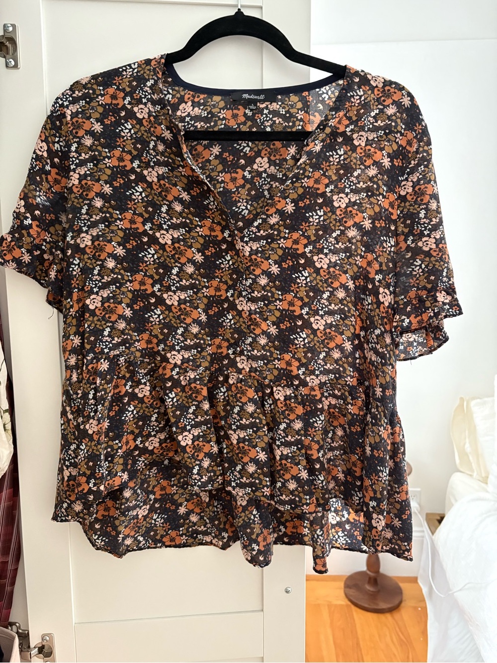 Madewell Black Floral V-Neck Peplum Blouse with Rust & Cream Accents